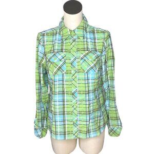 2/$30 Christopher & Banks Plaid Button Down Shirt Long Sleeves Green Blue Wester